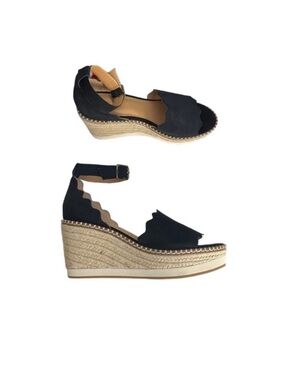 Crown Vintage bohemian black suede wedge platform espadrille chic sandal 8 1/2